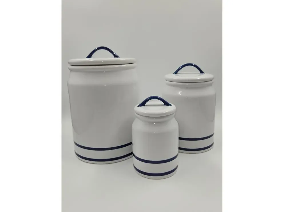 Martha Stewart Farmhouse White w/ Blue Stripe Ceramic Canister Set